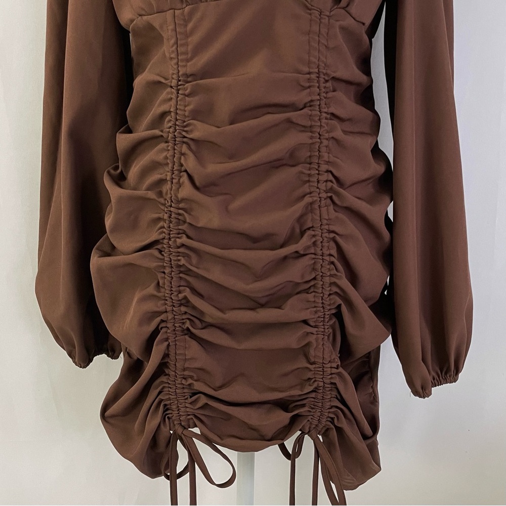 Pretty Little Thing Ruched Long Sleeve Bodycon Mini Dress Chocolate Brown Size 6 - Picture 7 of 16